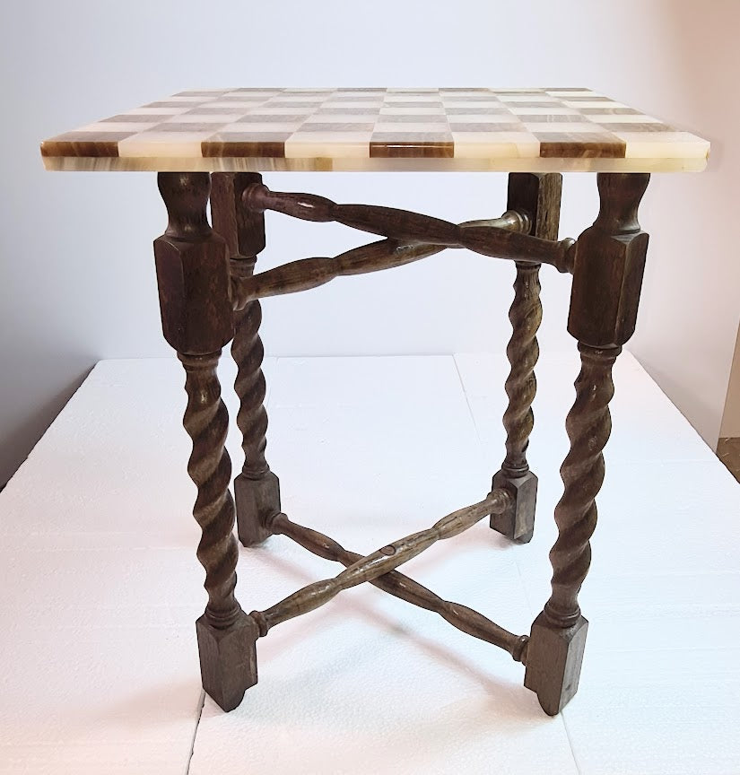 1980s Rare and Distinct Handcrafted Onyx and Marble Chess Set on Jacobean Style Wooden Frame