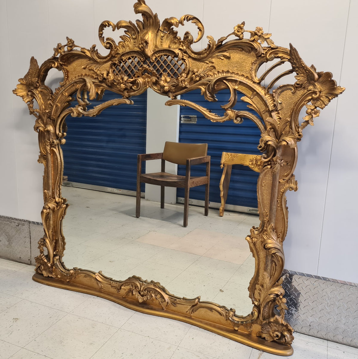 Monumental English Late 1800 Rococo /Chippendale Revival  Carved Giltwood Overmantle Mirror with Ho-Ho Birds