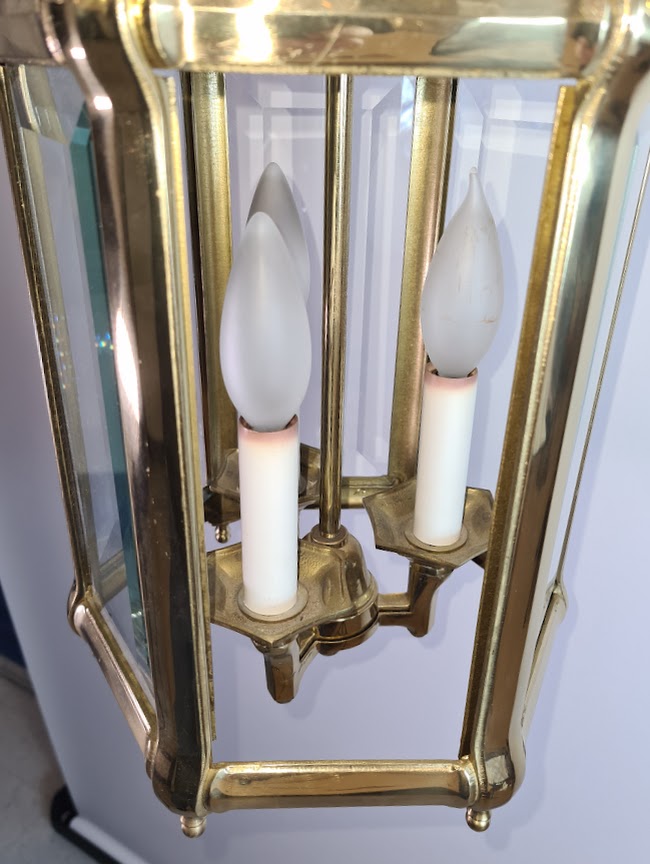Antique Brass Hexagon Beveled Glass Hall Lantern, Late 1800 - Early 1900