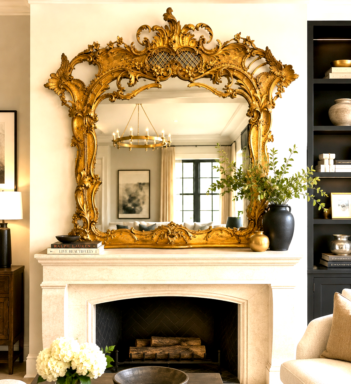 Monumental English Late 1800 Rococo /Chippendale Revival  Carved Giltwood Overmantle Mirror with Ho-Ho Birds