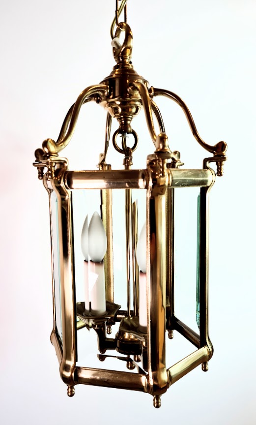 Antique Brass Hexagon Beveled Glass Hall Lantern, Late 1800 - Early 1900