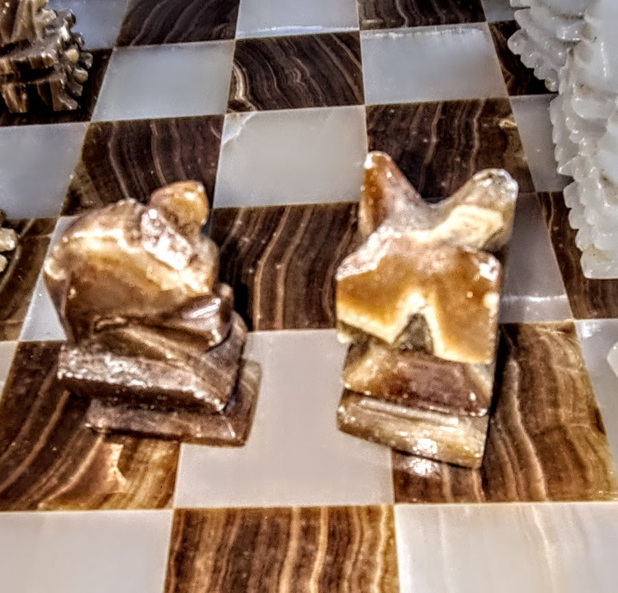 1980s Rare and Distinct Handcrafted Onyx and Marble Chess Set on Jacobean Style Wooden Frame