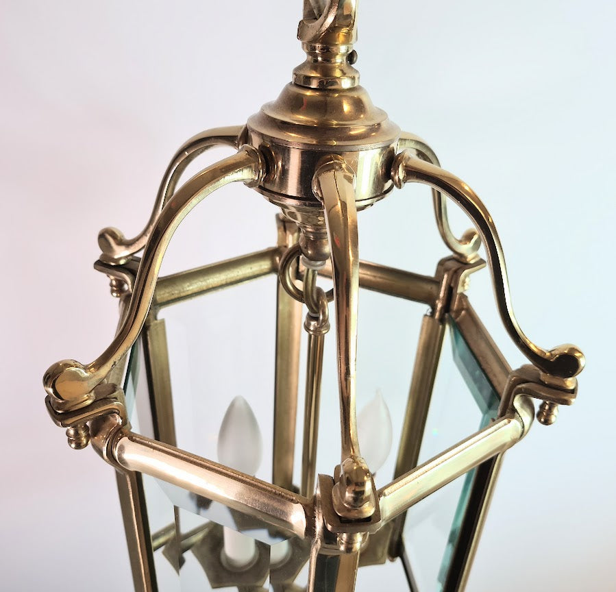 Antique Brass Hexagon Beveled Glass Hall Lantern, Late 1800 - Early 1900