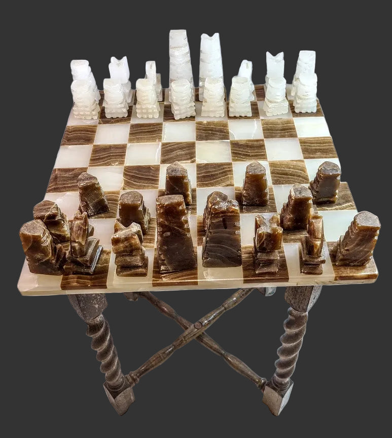 1980s Rare and Distinct Handcrafted Onyx and Marble Chess Set on Jacobean Style Wooden Frame
