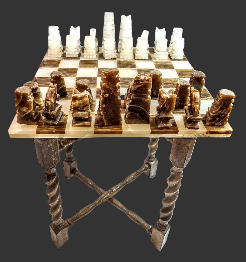 1980s Rare and Distinct Handcrafted Onyx and Marble Chess Set on Jacobean Style Wooden Frame