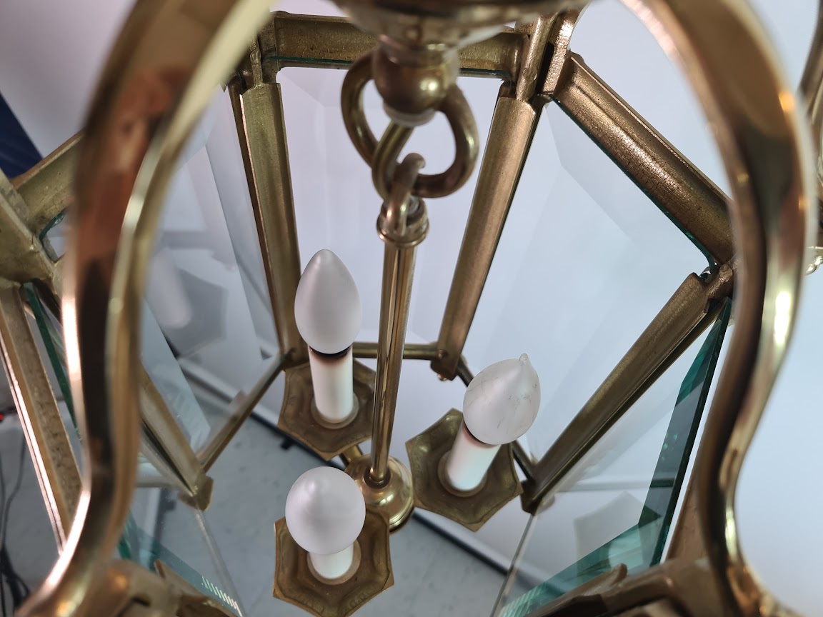 Antique Brass Hexagon Beveled Glass Hall Lantern, Late 1800 - Early 1900