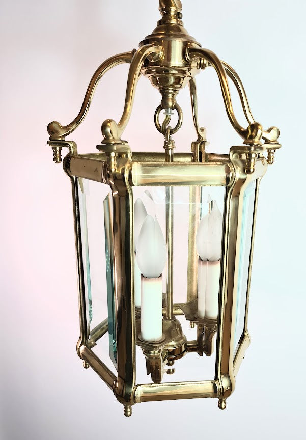 Antique Brass Hexagon Beveled Glass Hall Lantern, Late 1800 - Early 1900