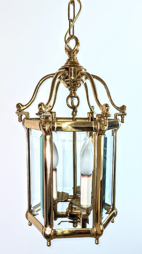 Antique Brass Hexagon Beveled Glass Hall Lantern, Late 1800 - Early 1900