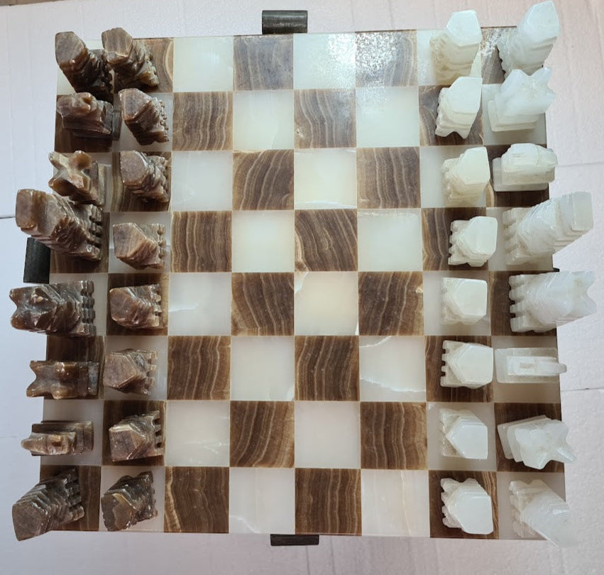 1980s Rare and Distinct Handcrafted Onyx and Marble Chess Set on Jacobean Style Wooden Frame