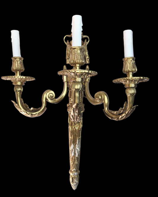 Magnificent Large Brass Ornate Wall Sconce With 3 Fixtures