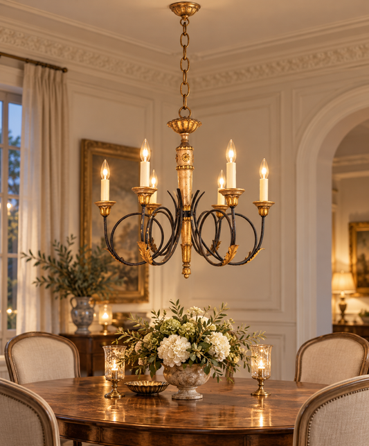 Vintage Italian Neoclassical Style Carved Wood & Iron Six-Light Chandelier