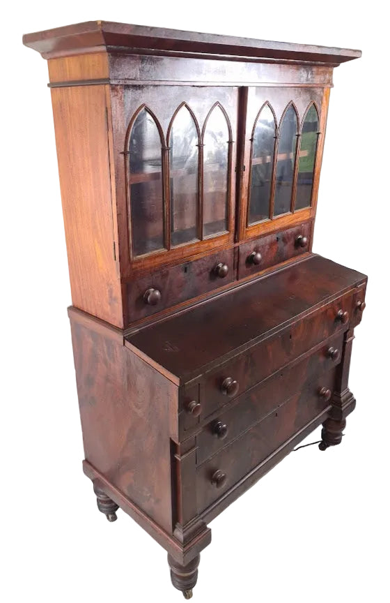 Antique American Federal Style Flame Mahogany Secretary-Bookcase Early 1800