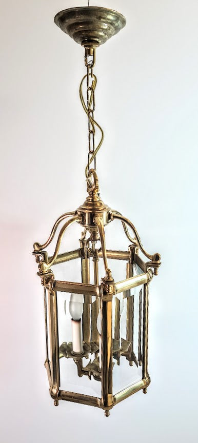 Antique Brass Hexagon Beveled Glass Hall Lantern, Late 1800 - Early 1900