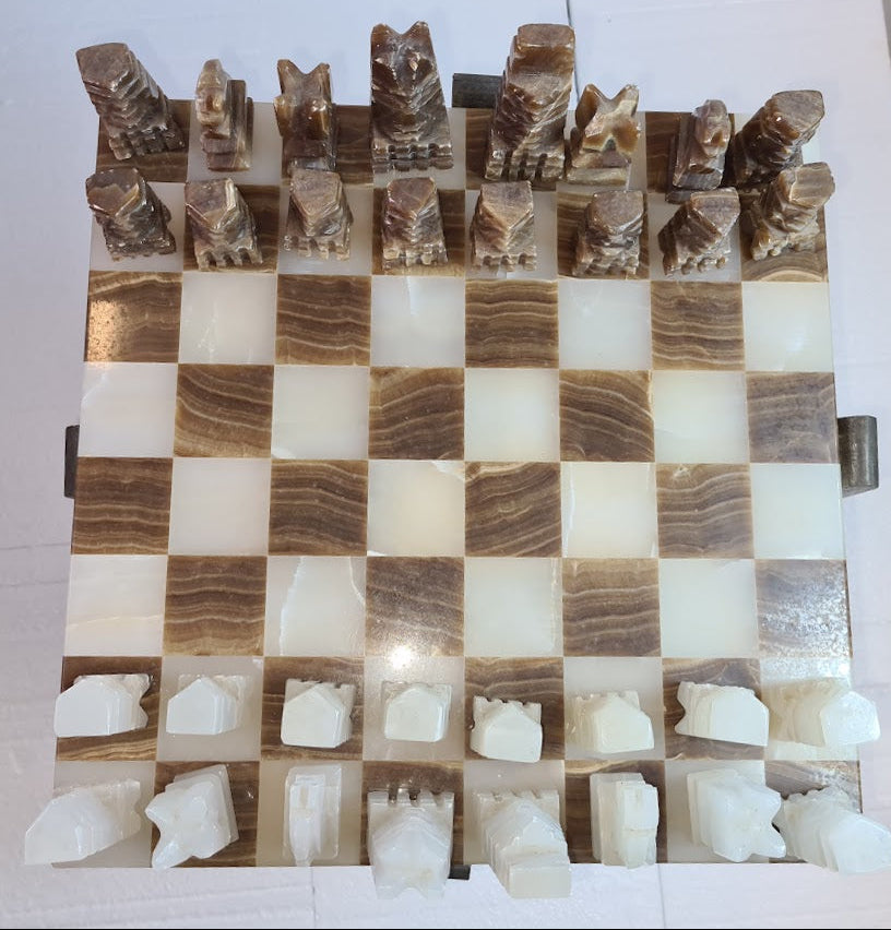 1980s Rare and Distinct Handcrafted Onyx and Marble Chess Set on Jacobean Style Wooden Frame