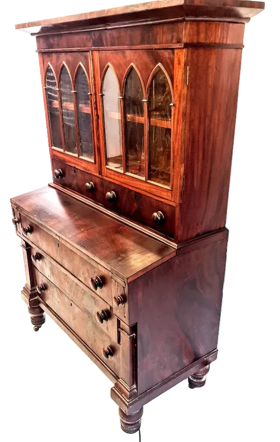 Antique American Federal Style Flame Mahogany Secretary-Bookcase Early 1800