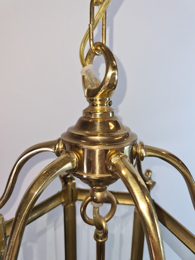 Antique Brass Hexagon Beveled Glass Hall Lantern, Late 1800 - Early 1900