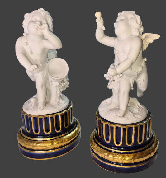 A Beautiful Pair Of Sevres Biscuit Porcelain Cherubim, On Cobalt Porcelain Plinths, 1776