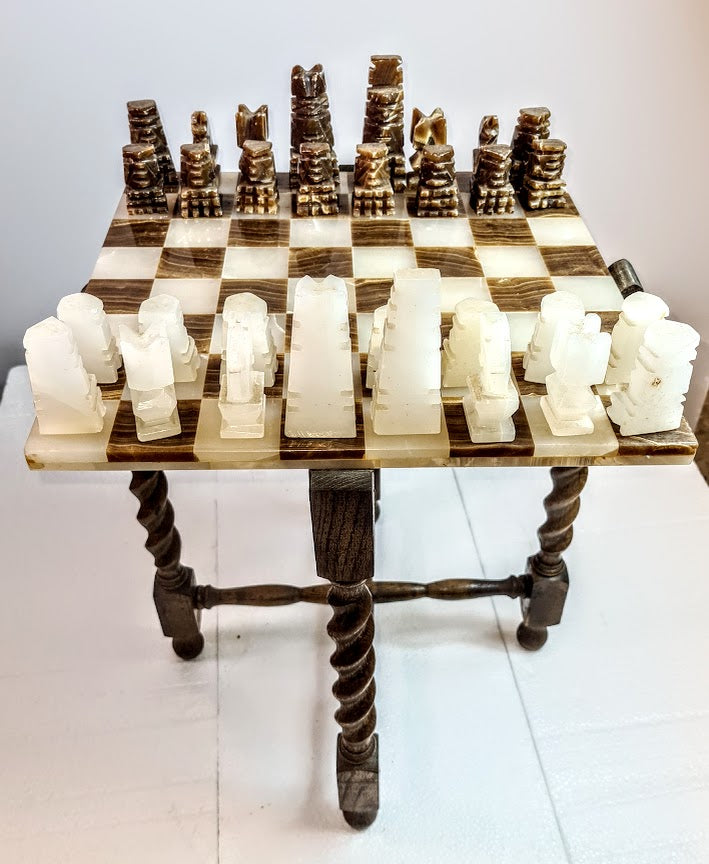 1980s Rare and Distinct Handcrafted Onyx and Marble Chess Set on Jacobean Style Wooden Frame