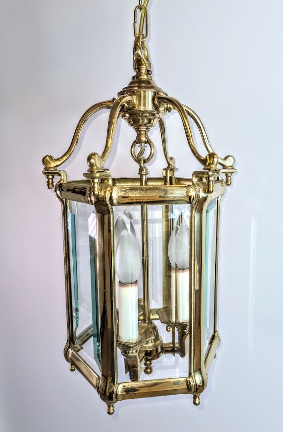 Antique Brass Hexagon Beveled Glass Hall Lantern, Late 1800 - Early 1900