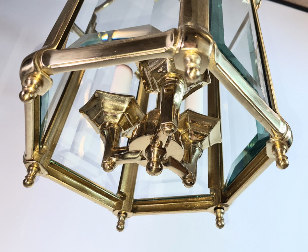 Antique Brass Hexagon Beveled Glass Hall Lantern, Late 1800 - Early 1900