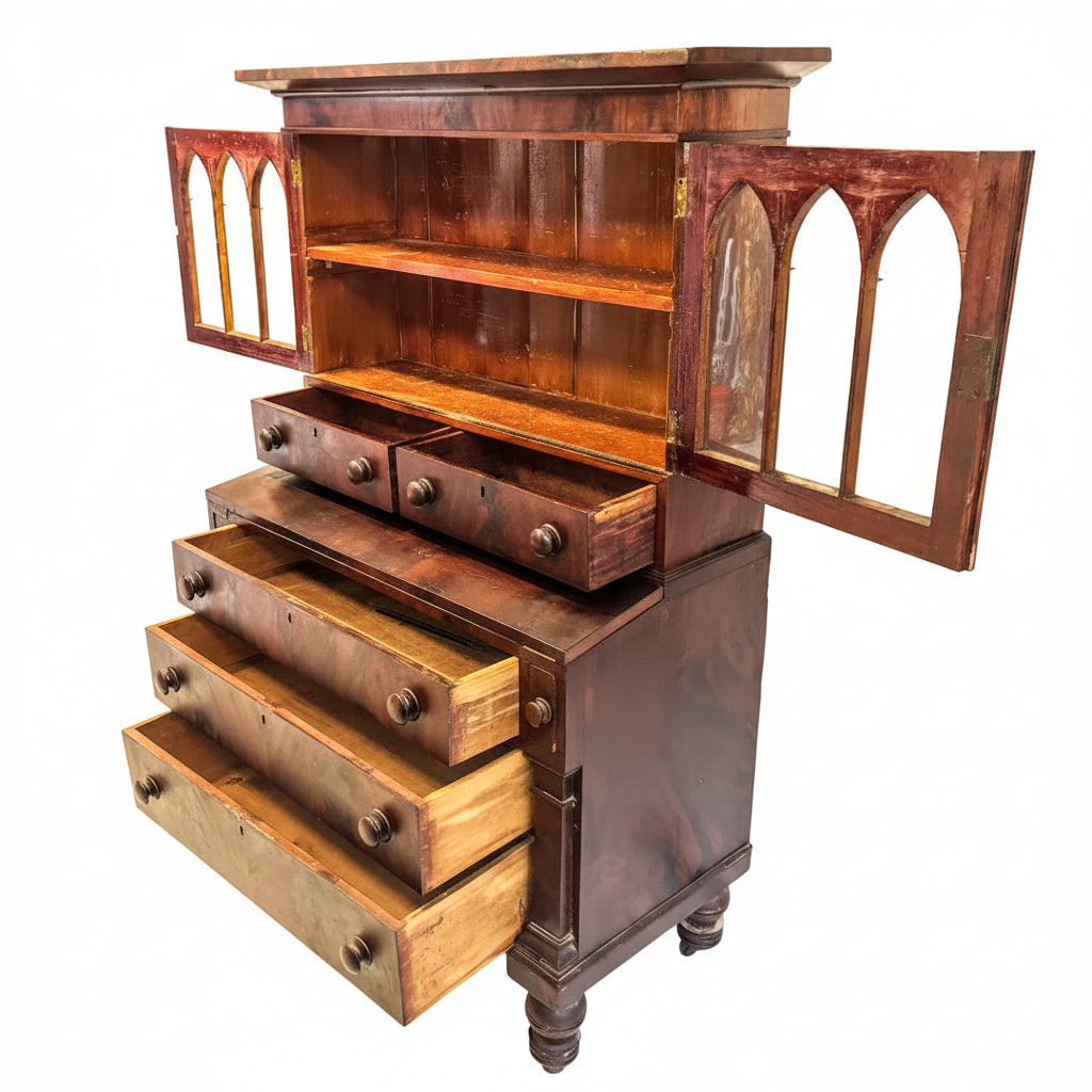 Antique American Federal Style Flame Mahogany Secretary-Bookcase Early 1800