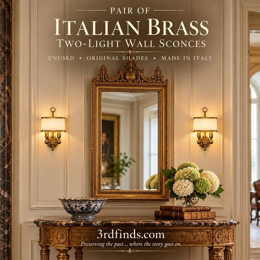 Pair of Italian Brass Two-Light Wall Sconces with Original Ivory Shades