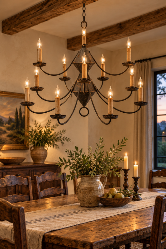 Vintage Colonial Revival Handcrafted Iron 12-Light Chandelier, early 1900