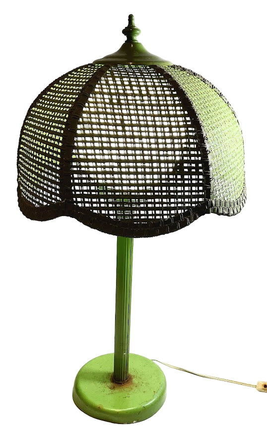 Vintage Tulip Lime Green Wicker Table-Nightstand Lamp MCM
