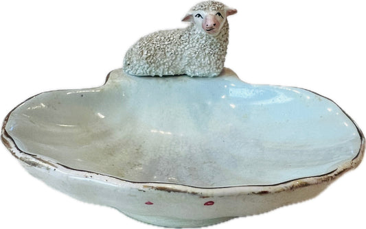 Antique Staffordshire Porcelain Trinket Dish Lamb Staffordshire Figure On Shell Form