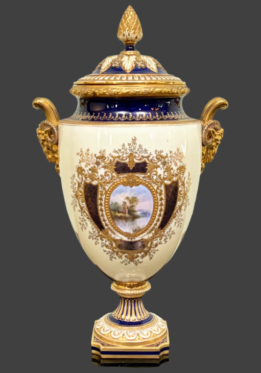 Spectacular 19th Century English Coalport Gilt Porcelain Lidded Urn