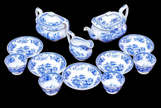 Beautiful Antique Twelve Piece English Continental Blue And White China Tea Service