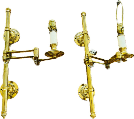 Fantastic Extendable Brass Wall Sconces - With Brass Wall Plates & Wooden Plate Covers - Possible Maison Jansen Swing Arm Sconces