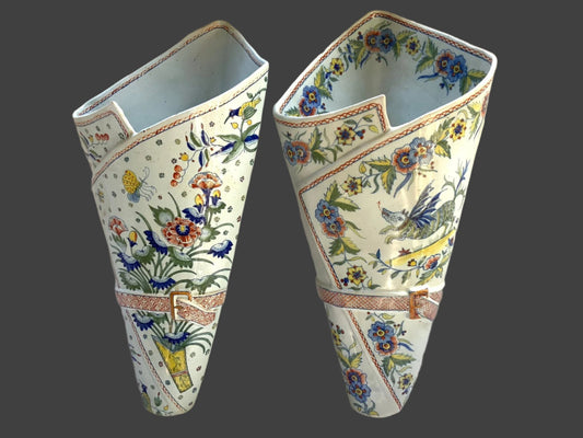 Unique French Rouen Faience Corner Pocket Vases