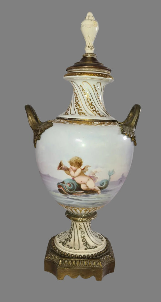 Antique Porcelain Urn with Lid, Brass Stand and Handles