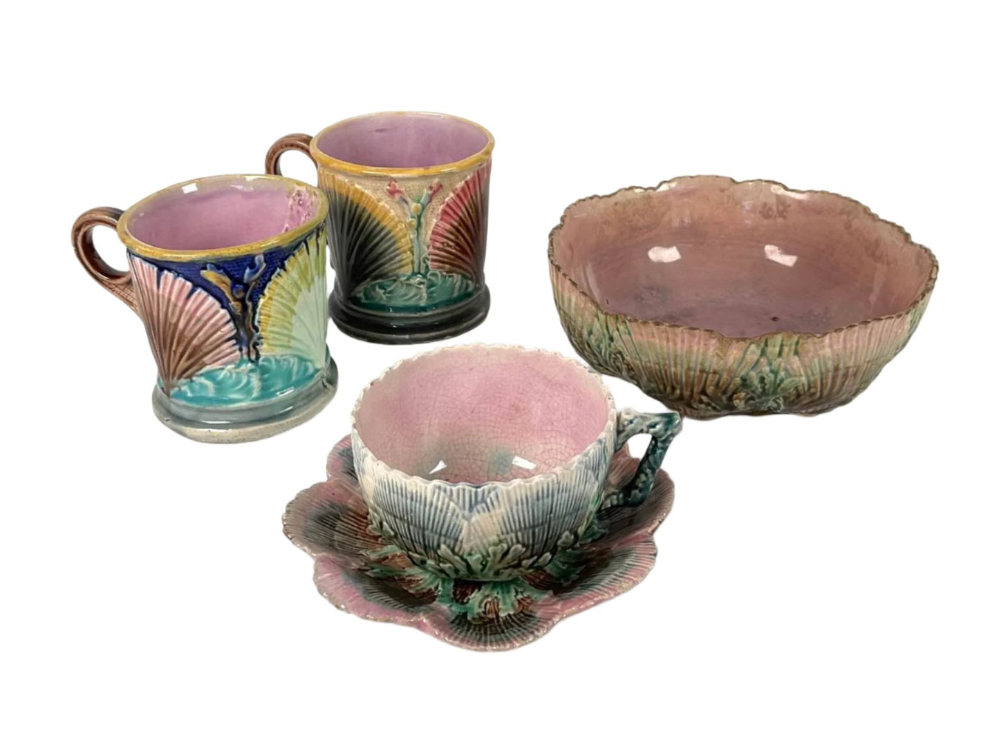 Etruscan Majolica Shell Bowl, Mugs and Teacup with Saucer, 5 Pc.