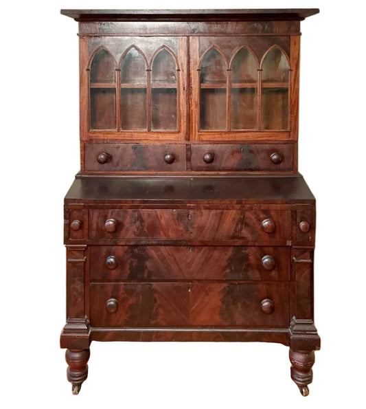 Antique American Federal Style Flame Mahogany Secretary-Bookcase Early 1800