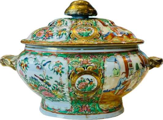 Antique Rare Rose Medallion Covered Tureen - Mushroom Top Finial & Woven Handles - Gilt Detailing