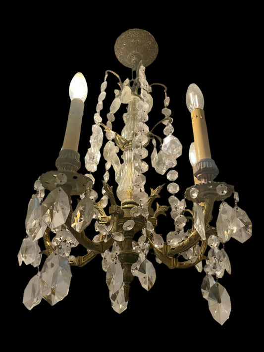 Antique Four Arms, Guilted Brass And Crystals French Style Chandelier