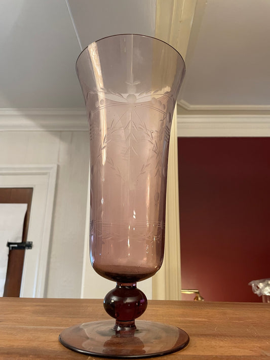 Vintage Light Purple Etched Glass Vase.