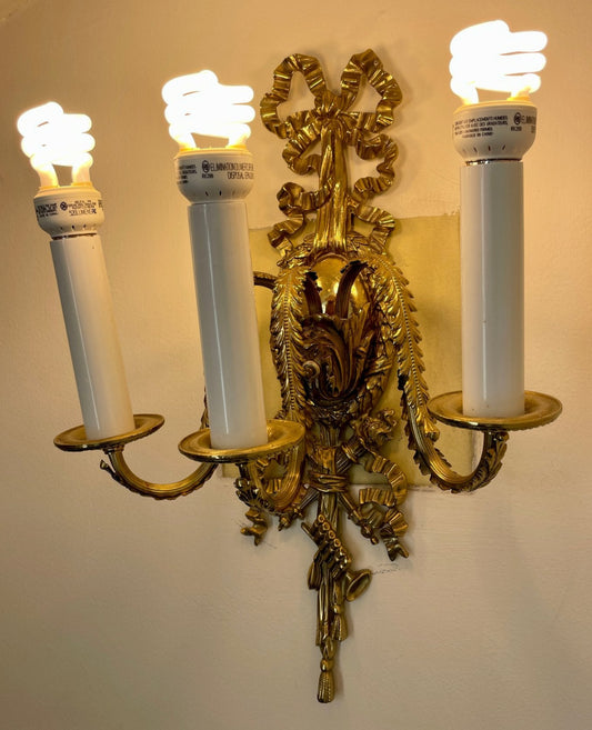 French Style, Vintage Brass Three Lights Sconce