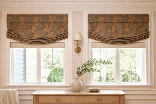 Custom Silk Jacquard Roman Shades & Upholstered Cornices (Pair), Attributed to Old World Weavers / Scalamandré, 63" W × 80" H