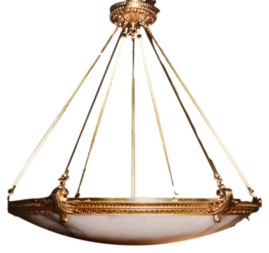 French Empire Style Imported Alabaster And Brass Chandelier With Ornate Rim And Canopy