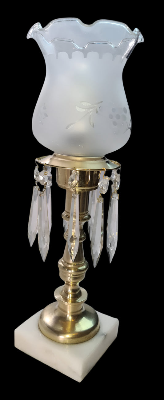 Vintage Brass Electric Hurricane Lamp with Frosted Edged Glass and Hanging Crystals