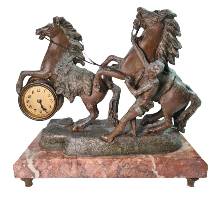 Rare Mantle Clock with Horses and Trainer, "Fabrication Francaise Paris France" Seal