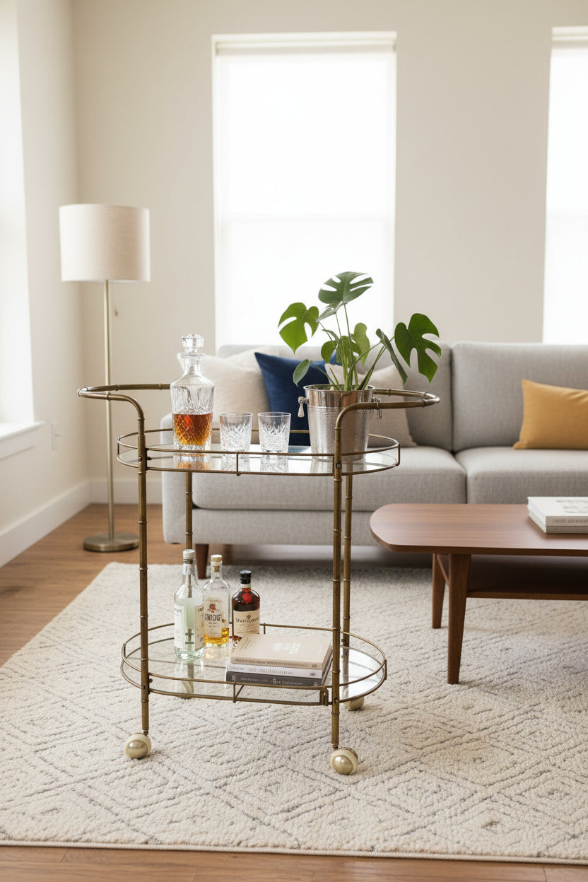 Mid-Century Faux Bamboo Brass and Glass Two-Tier Bar Cart, circa 1960
