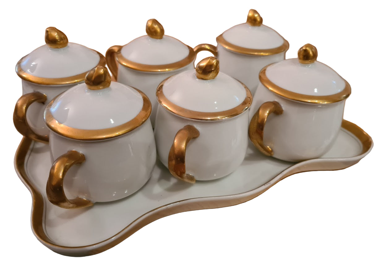 Fitz & Floyd Pots De Creme with tray, gold on white