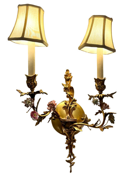 Spectacular French Style Two Light Brass And Porcelain Wall Sconce