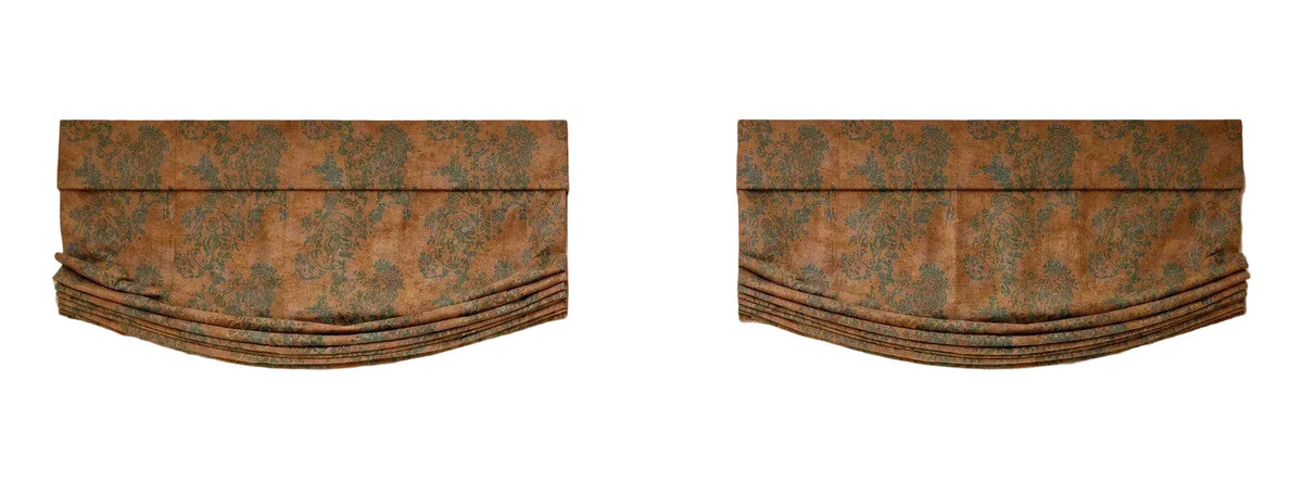 Custom Silk Jacquard Roman Shades & Upholstered Cornices (Pair), Attributed to Old World Weavers / Scalamandré, 63" W × 80" H