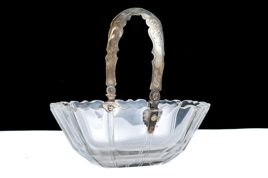 Beautiful Antique Crystal Serving Bowl with Sterling Silver Handle