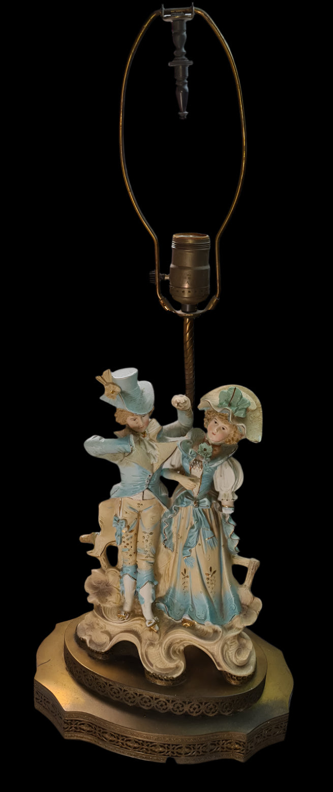 Antique Victorian Porcelain Couple Hand Painted Figural Table Lamp Brass Base